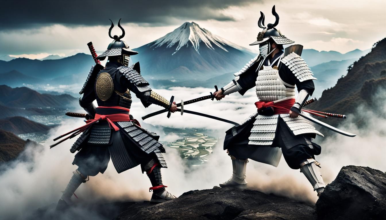 Samurai Duel in Misty Mountains: Cinematic Battle