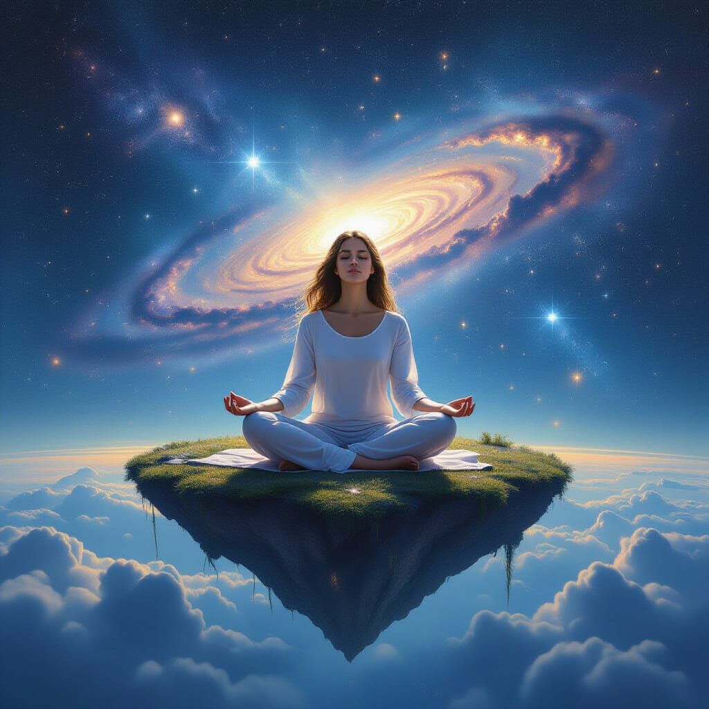 Woman Meditating in Space, Hyperrealistic Oil Painting