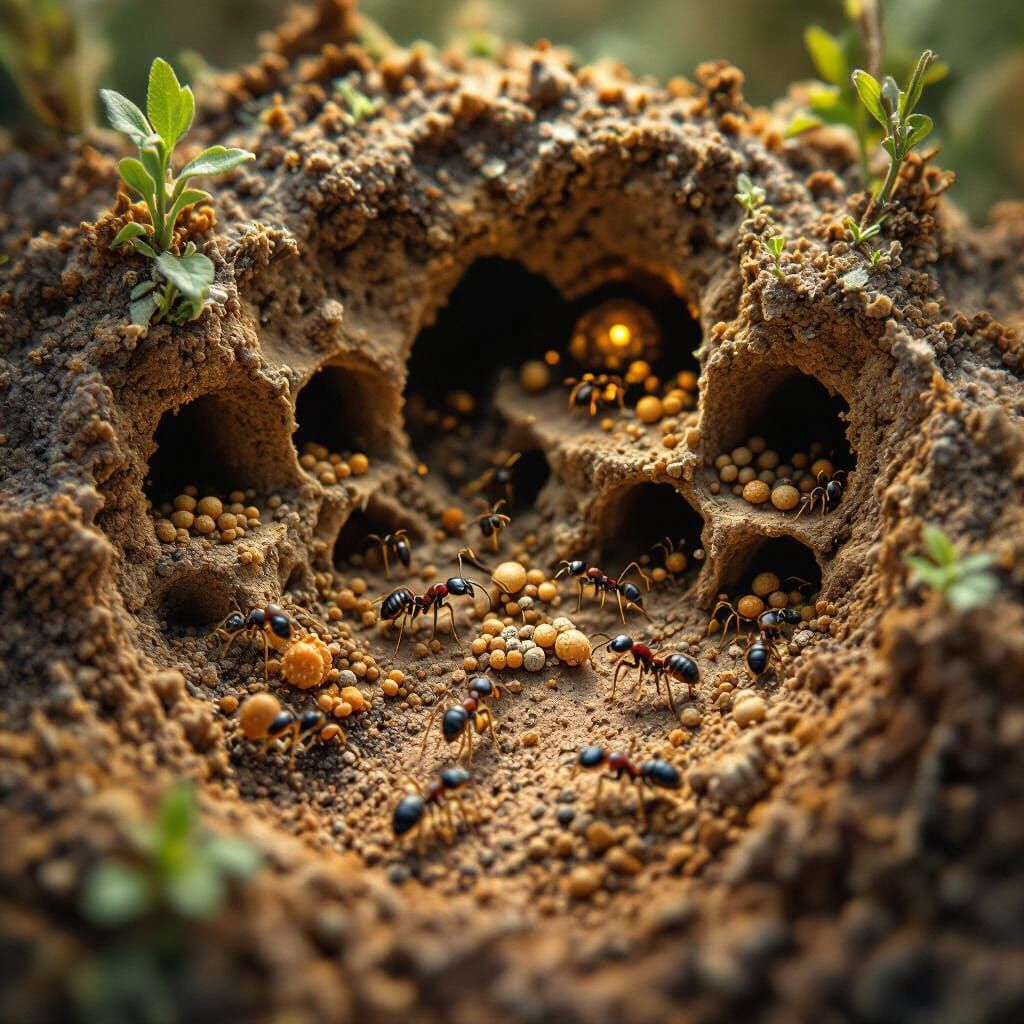 Hyperrealistic Ant Hill Cross-Section with Miniature Worlds