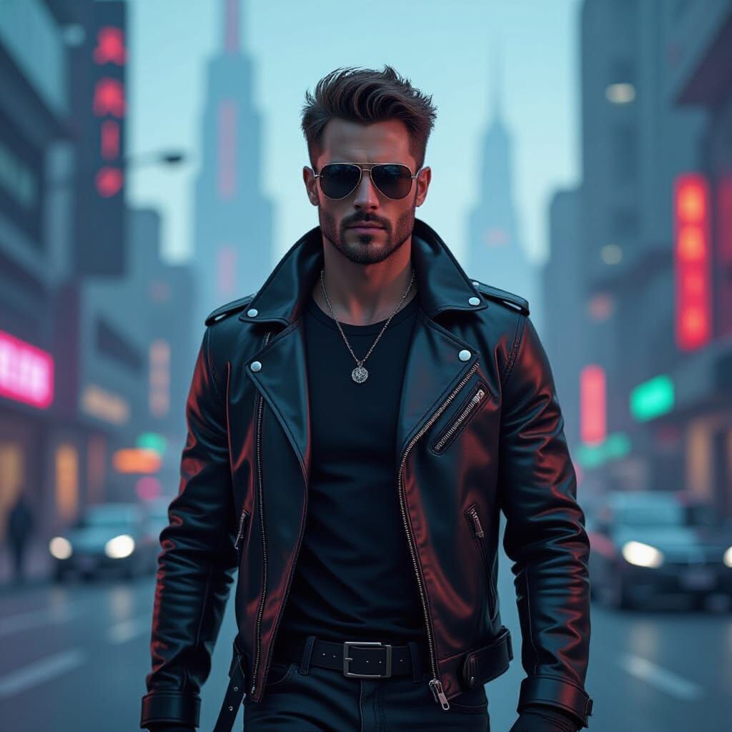 Confident Man in Neon Cityscape, Cyberpunk Style