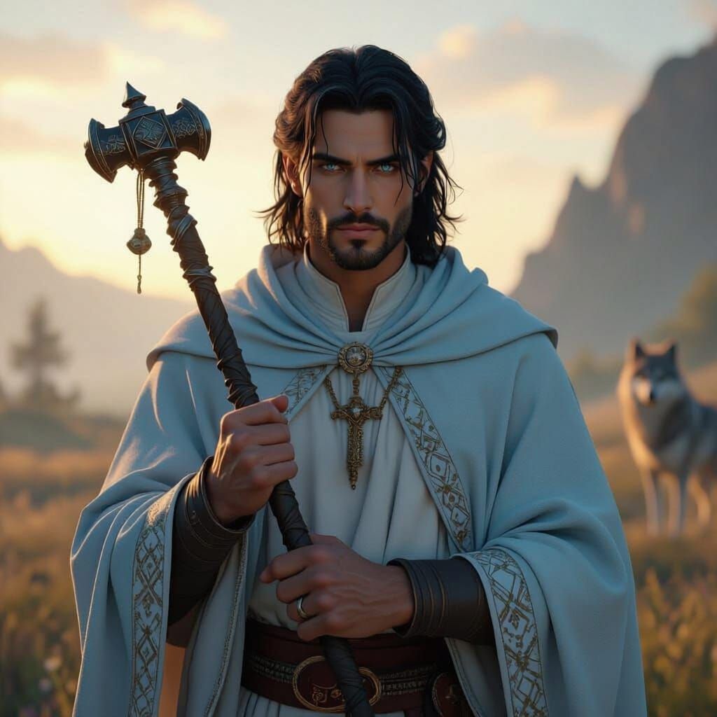 Human Cleric With Mace in Serene Fantasy Landscape