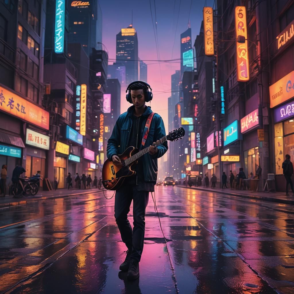 Neon City Traveler with Guitar in Digital Art