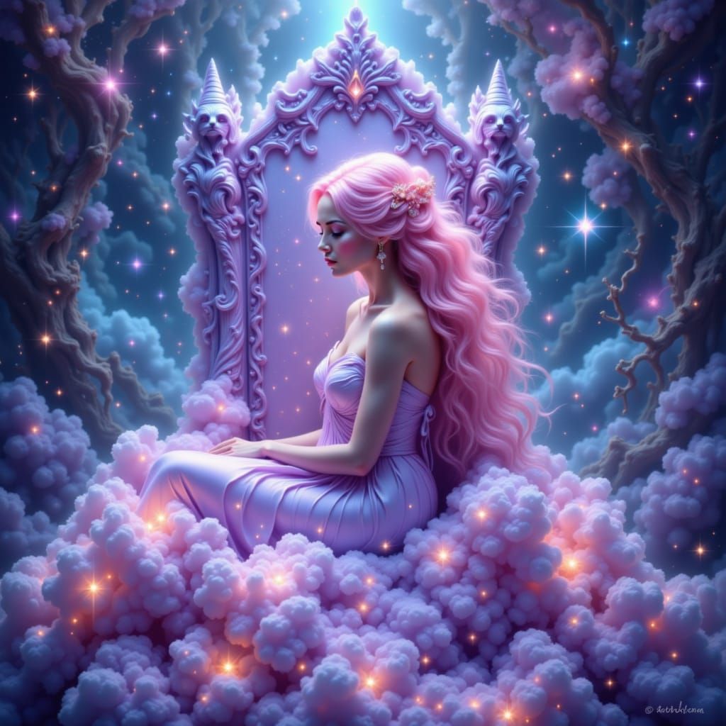 Pink-Haired Princess on Opal Throne Amidst Galaxy