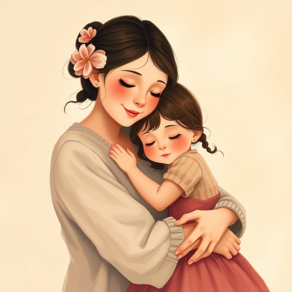 Motherly Love in Whimsical Watercolor Style