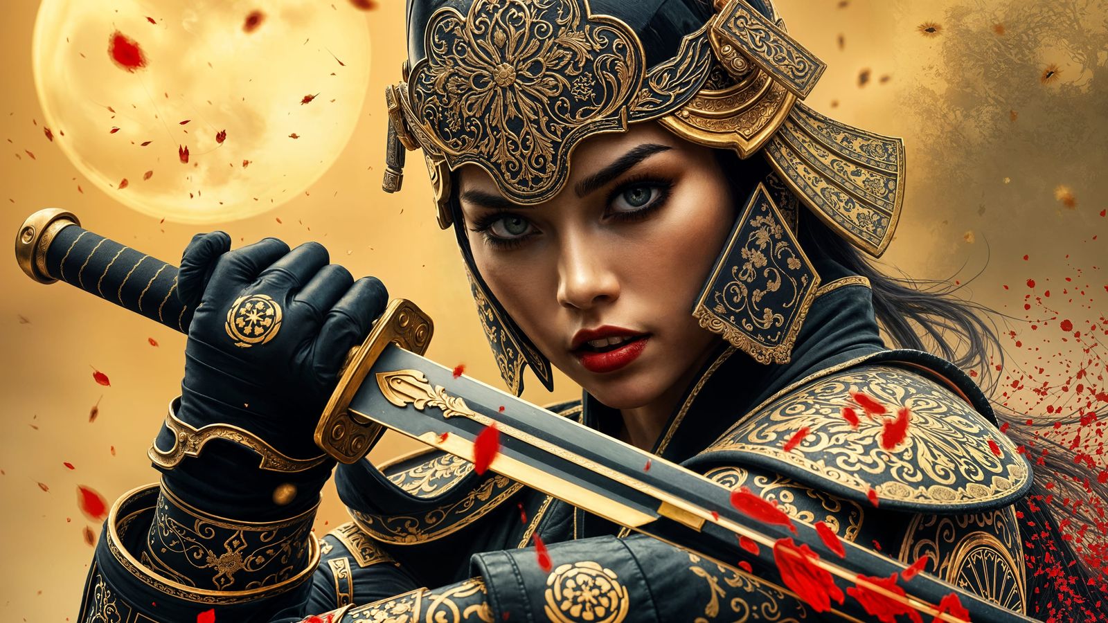 Armored Swordswoman: Golden-Beige Ink Splash Art