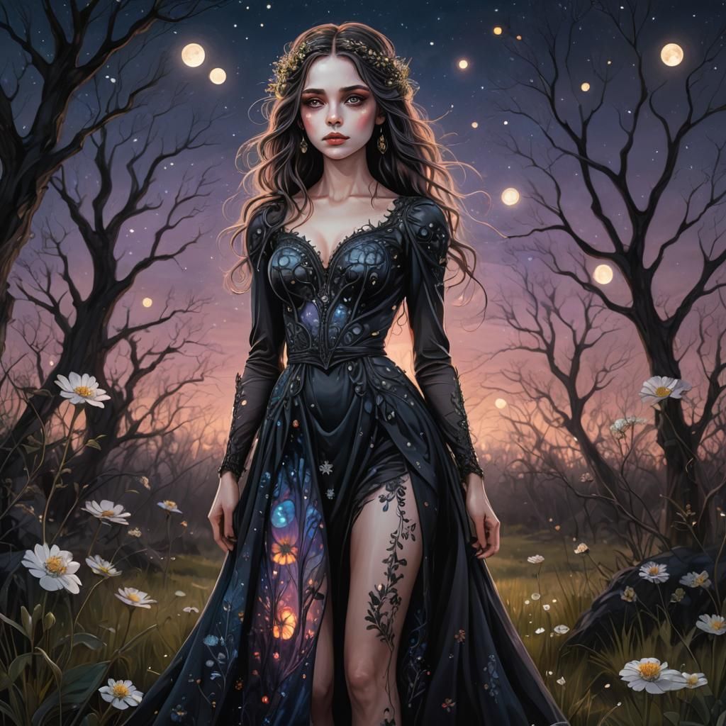 Ethereal Woman in Twilight Meadow, Sketched Illustration