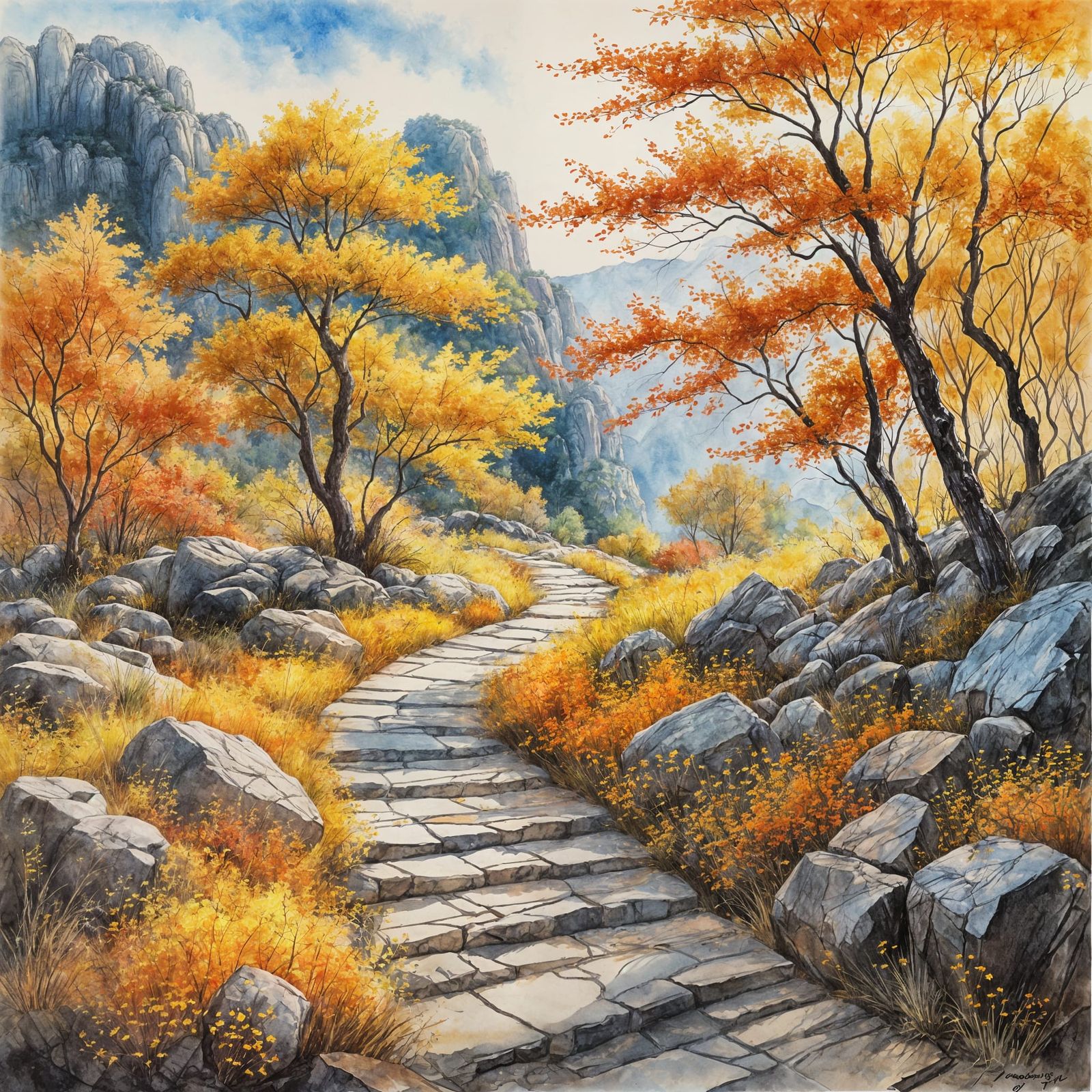 Sunlit Autumn Landscape with Winding Path in Vibrant Colors