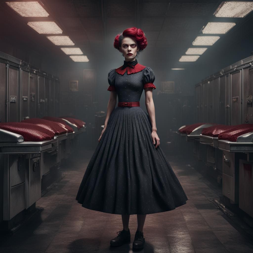 Gothic Rockabilly Woman in Morgue: Detailed Matte Painting