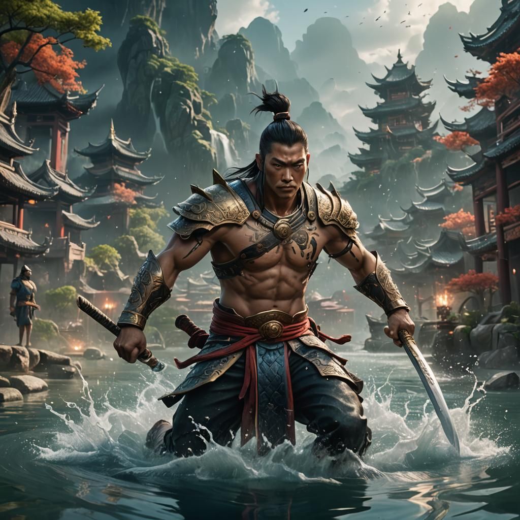 Floating Asian Warrior in Detailed Matte Painting