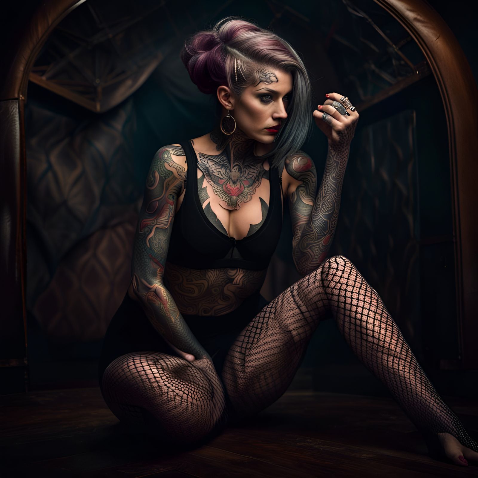 Tattooed Contortionist in Fishnets: Hyperrealistic Detail