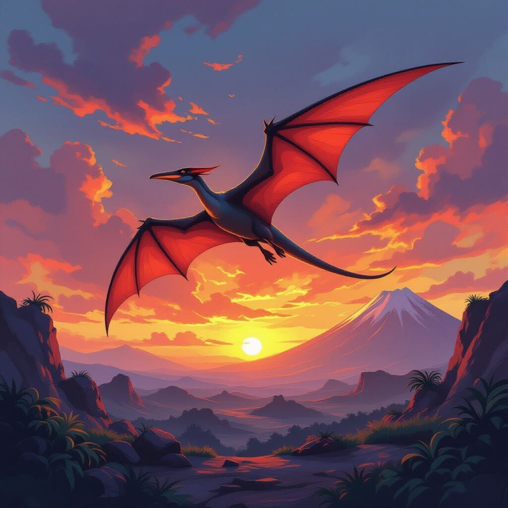 Pterodactyl Soaring Above Volcano in Gouache Style