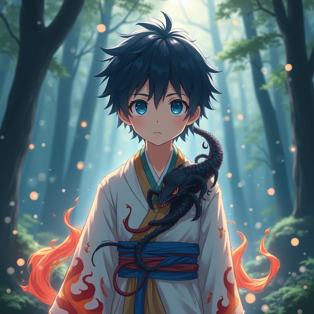 Anime Ninja Boy Merges with Mystical Dark Creature in Dreamy...