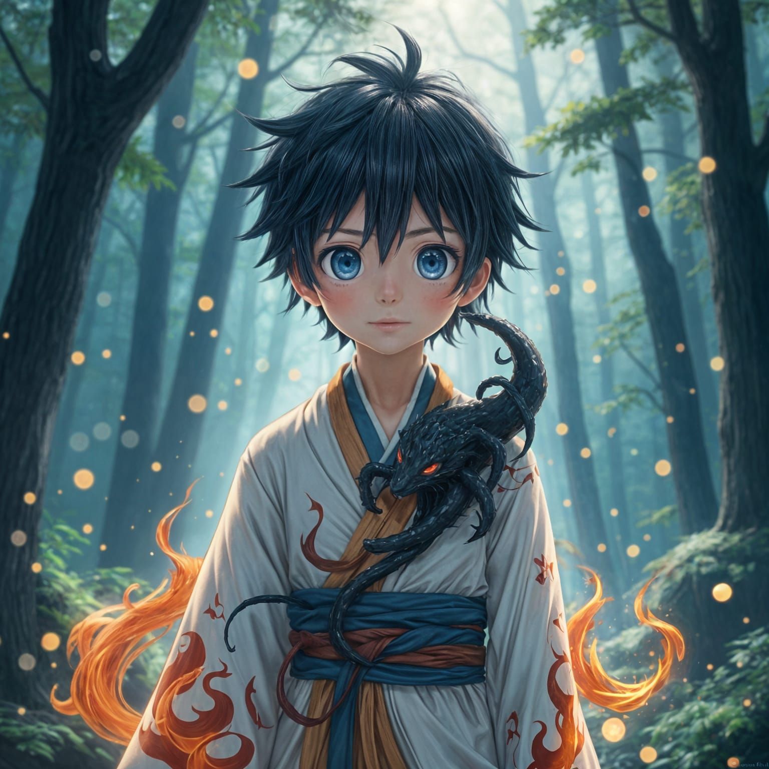 Anime Ninja Boy Merges with Mystical Dark Creature in Dreamy...