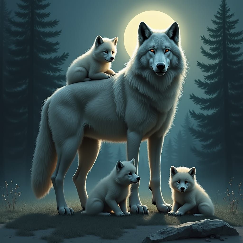 Majestic Wolf Family in Moonlit Forest