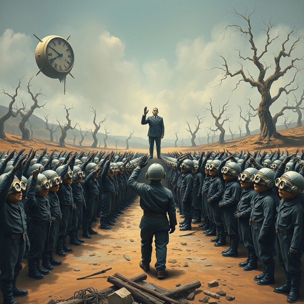 Minions Salute Authoritarian Leader in Surreal Landscape