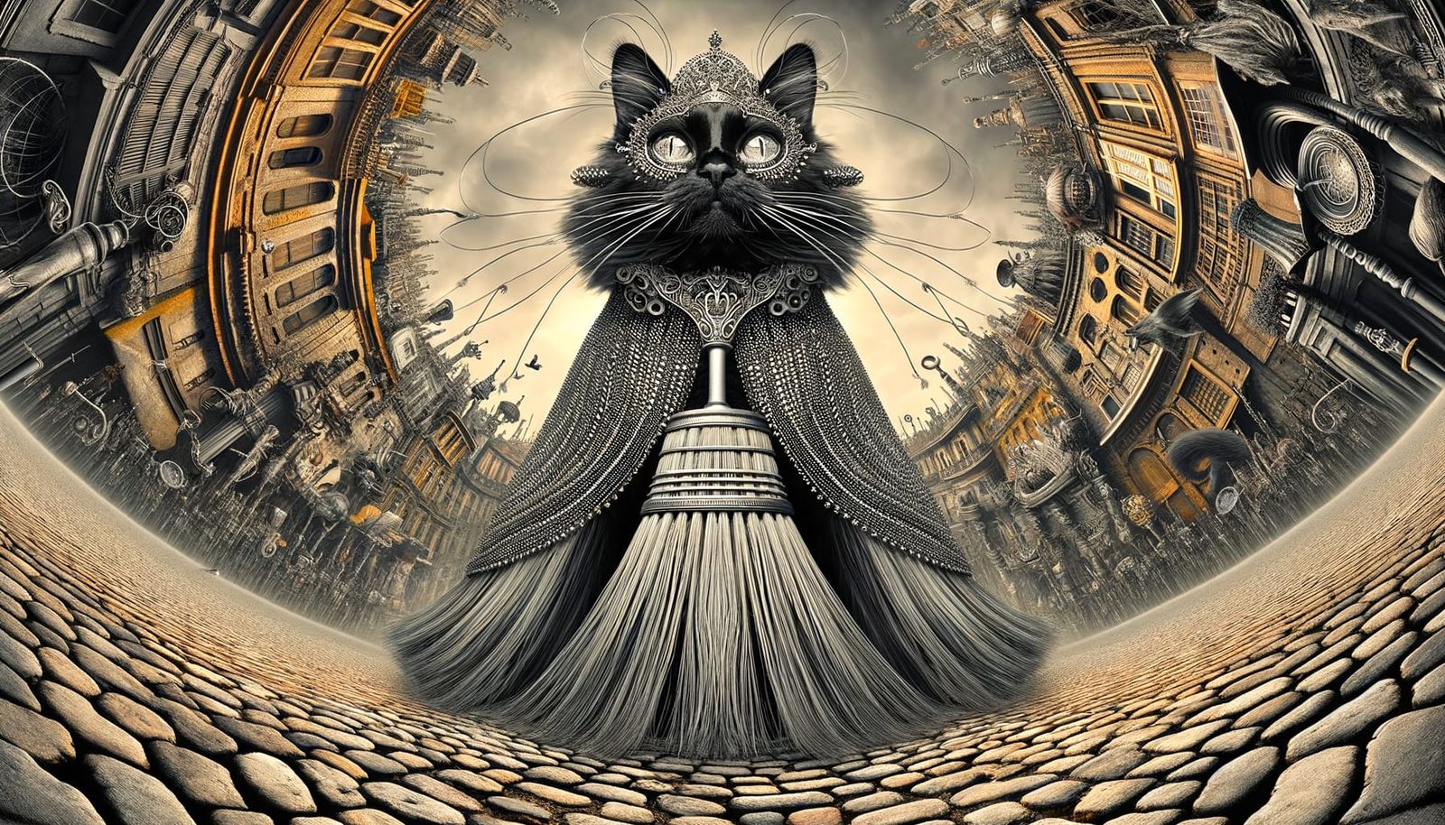Steampunk Cat Goddess of Chores in Panoramic Realm