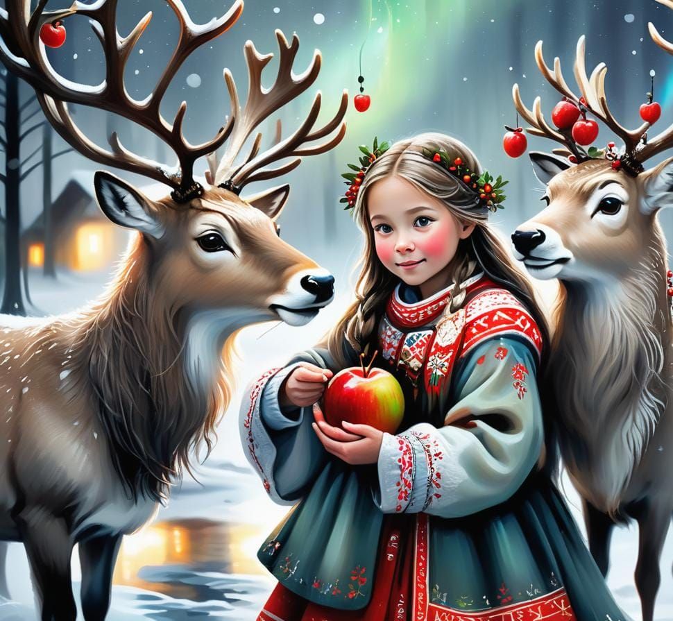 Norwegian Girl and Reindeer: A Painterly Winter Fantasy