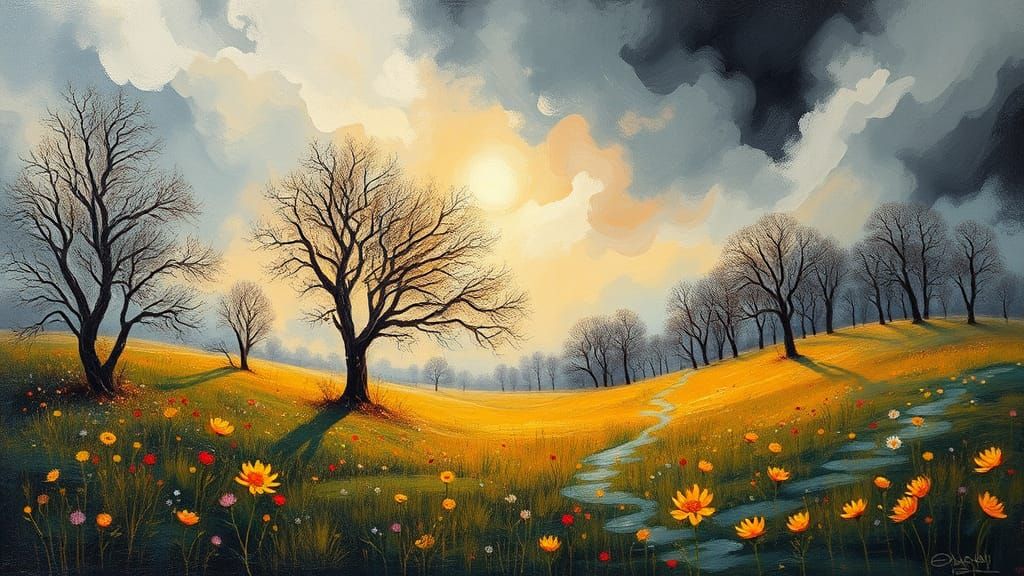 Winter Meadow: Impressionist Landscape with Swirling Clouds