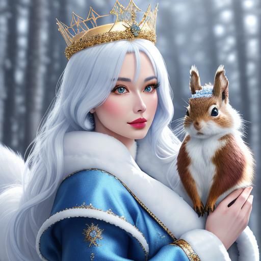 Snow Maiden with Squirrel in Winter Forest