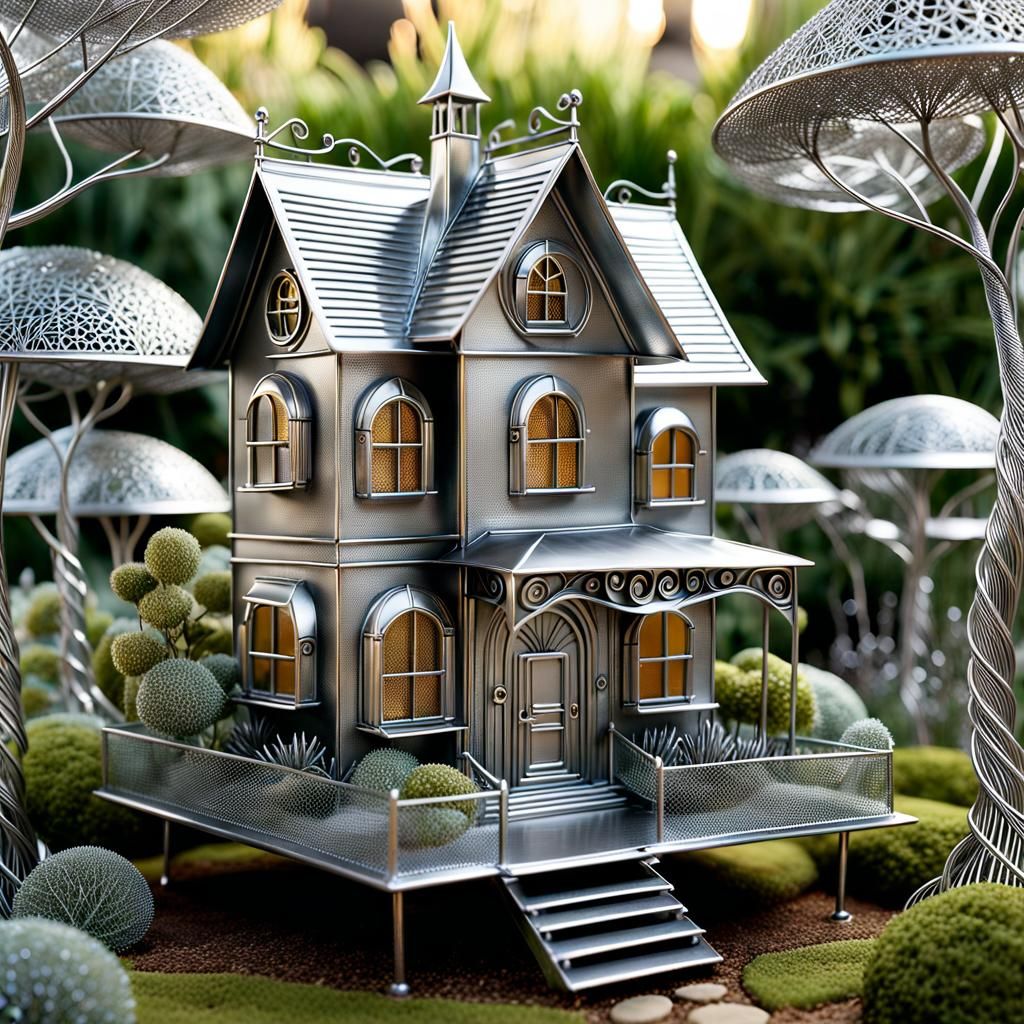 Detailed Metal Wireframe House Sculpture in Garden