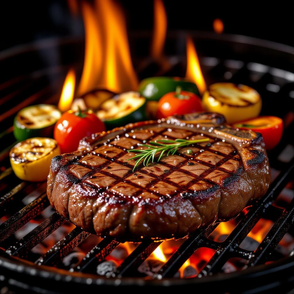 Hyper-Realistic Grilled Steak and Vegetables Still Life