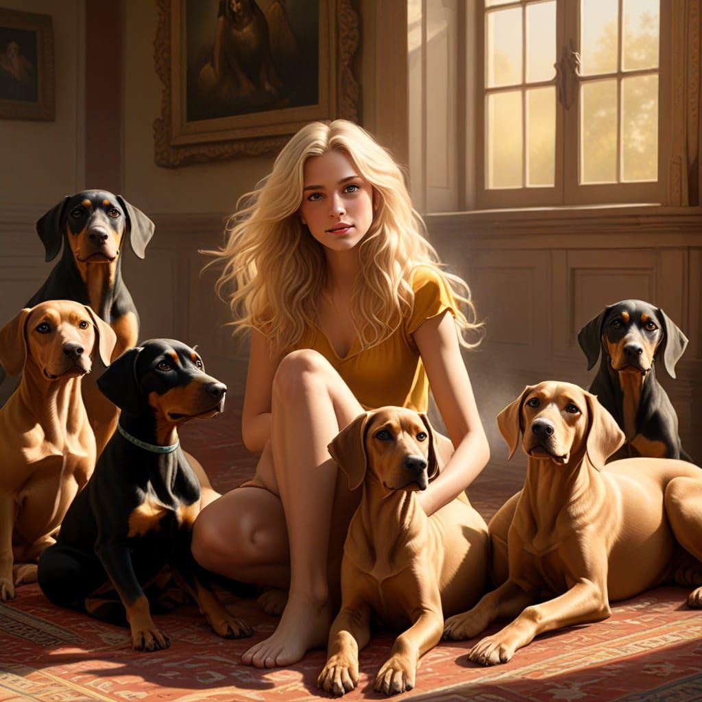 Blond Woman Surrounded by Playful Dobermann Puppies in a Whi...