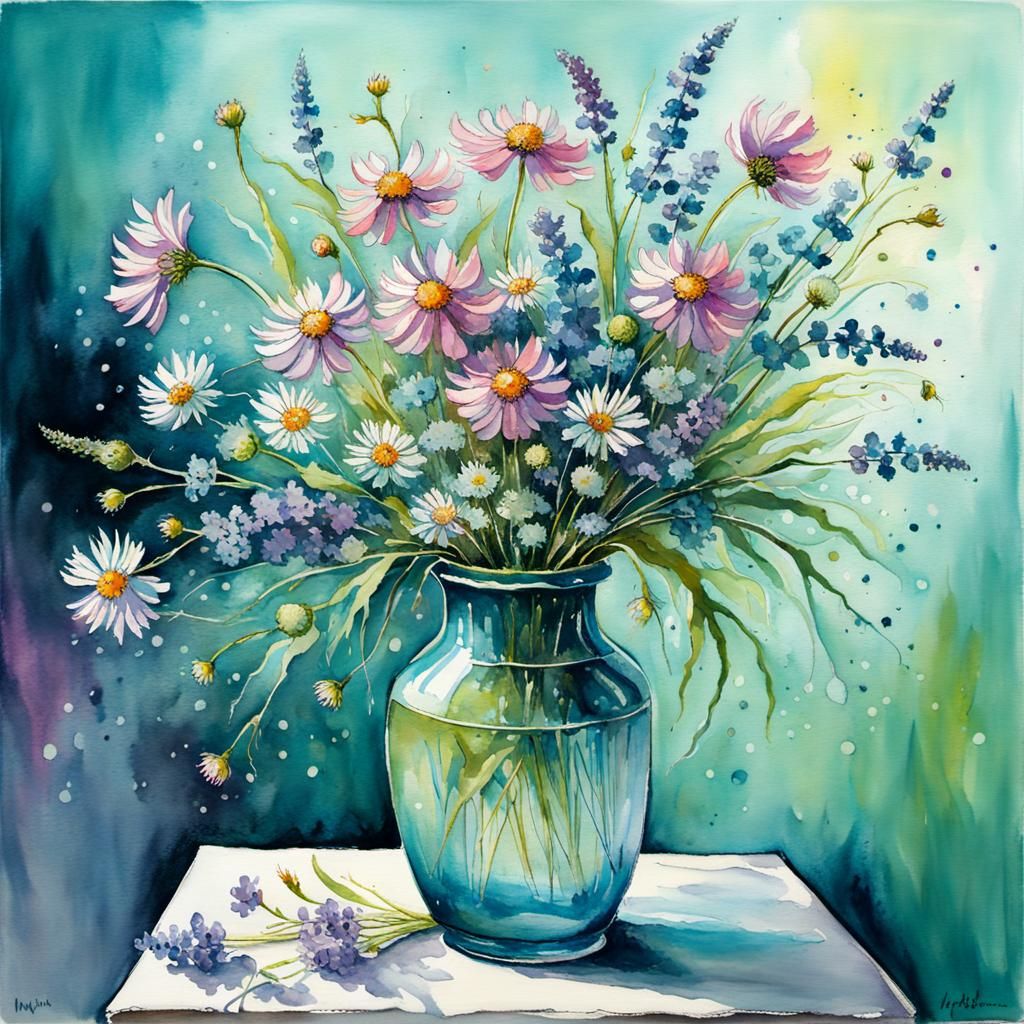 Watercolor Still Life: Wildflowers in Cyan Vase