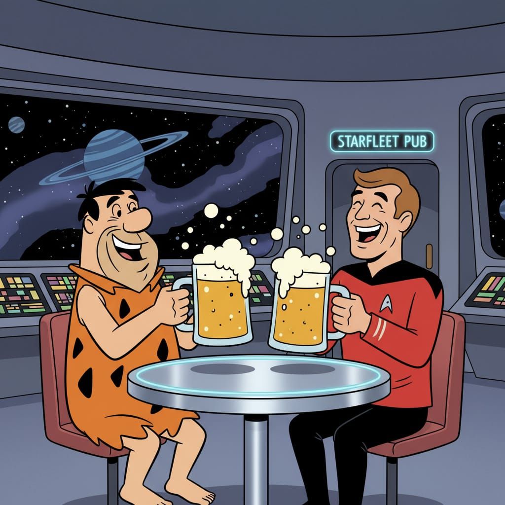 Fred Flintstone & Captain Kirk Share Beers on the Enterprise