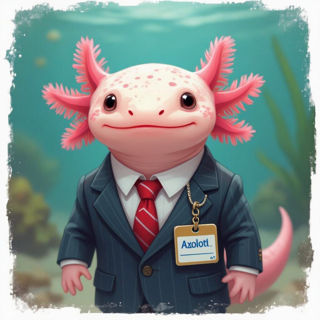 Axolotl Portrait with ID Card in Painterly Style