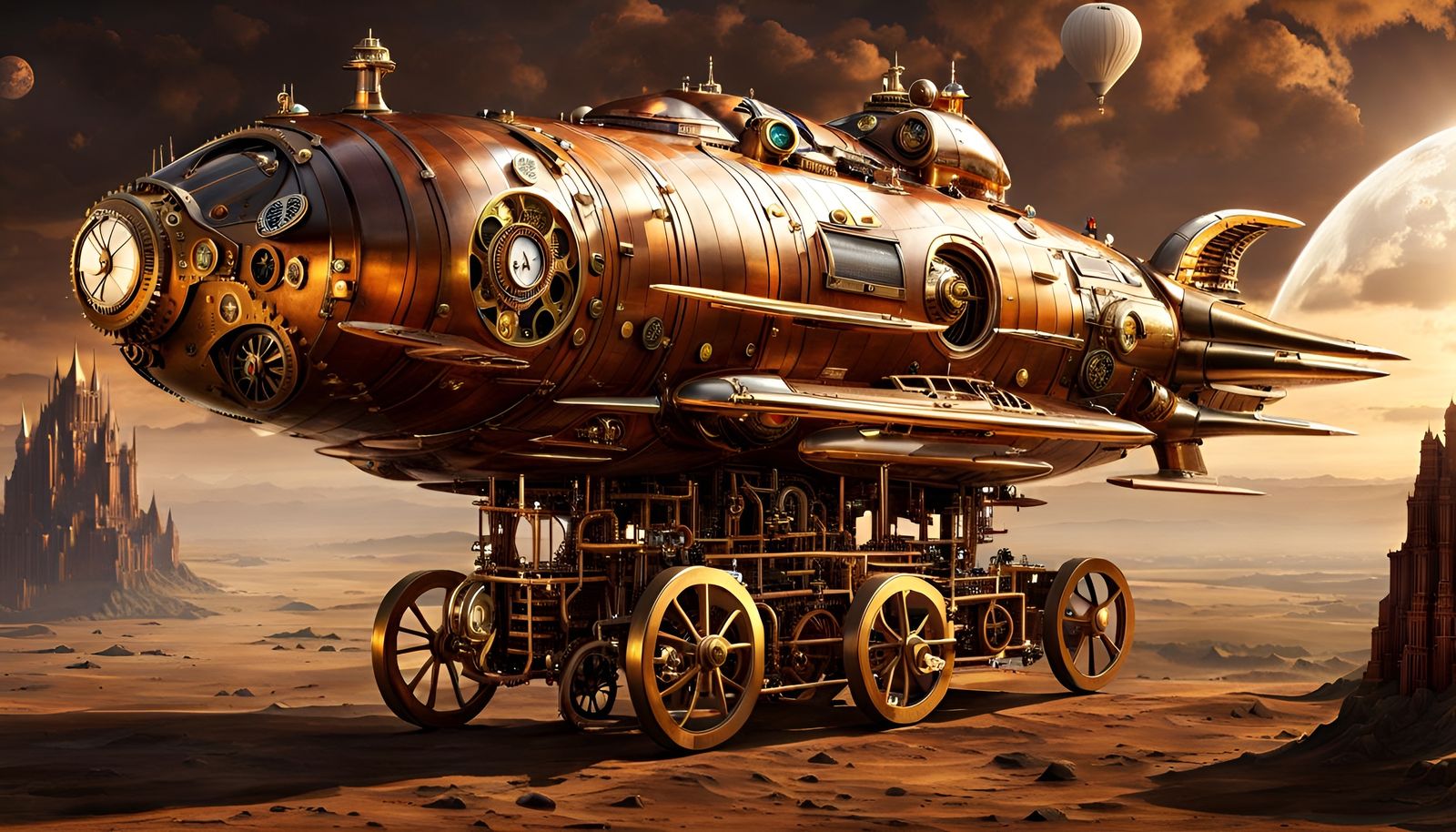 Steampunk Spaceship Over Steampunk World