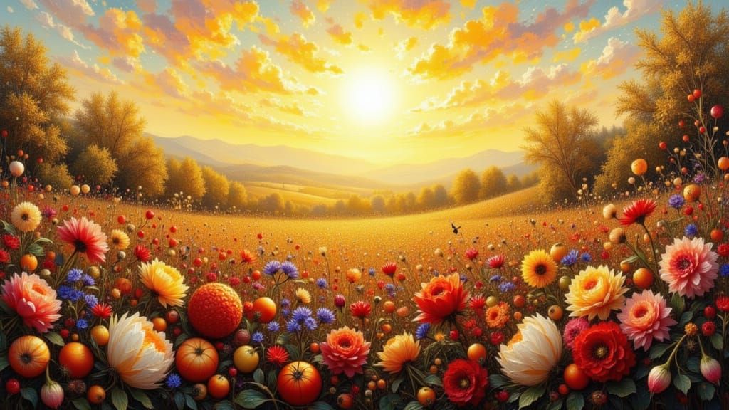 Golden Farm Field Oil Painting with Summer Light