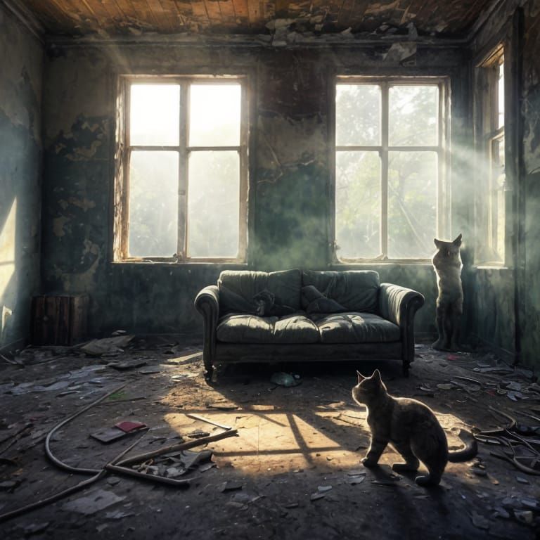 Sunlit Cat in Abandoned Building, Watercolor Style