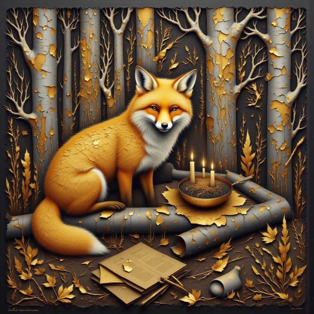 Relaxed Fox in Golden Forest Oil Painting