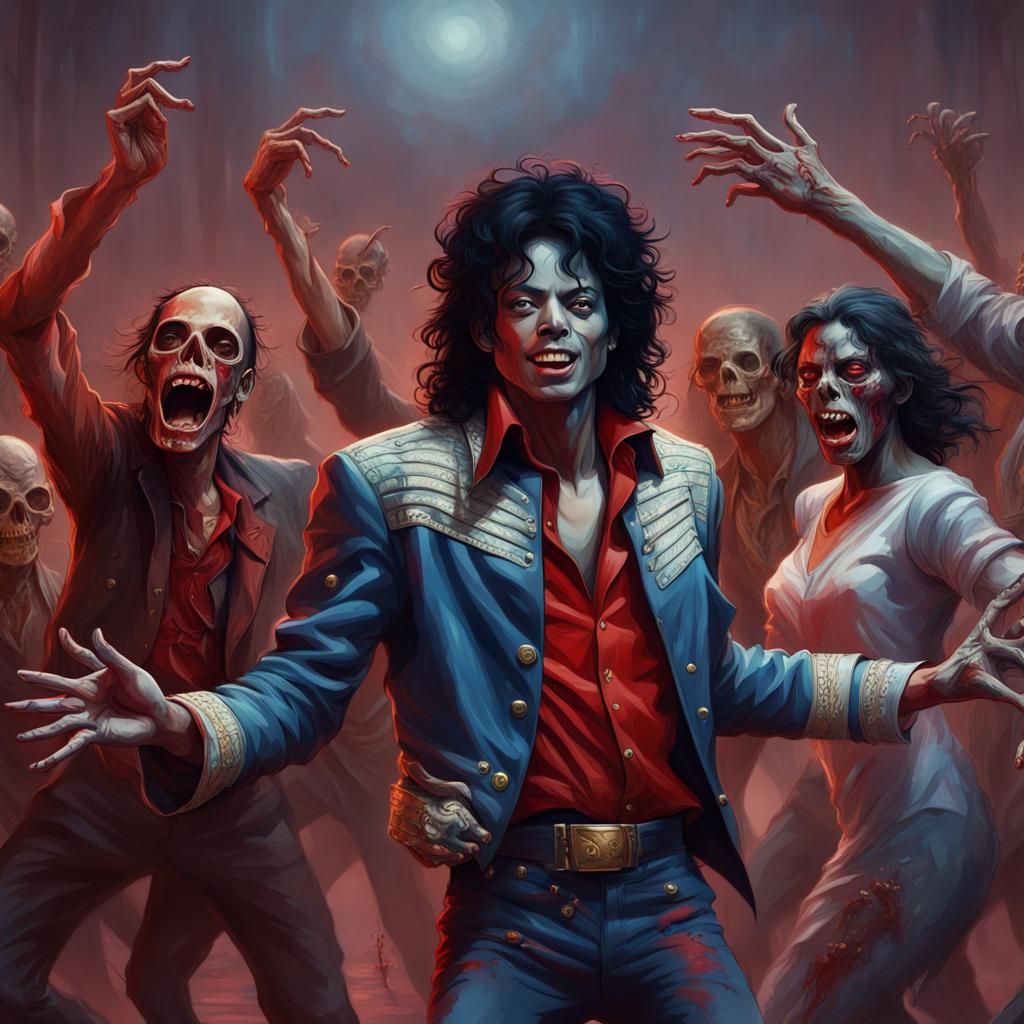 Michael Jackson and other zombies dancing on the song Thriller at the graveyard  horror Gustave Doré Greg Rutkowski head...