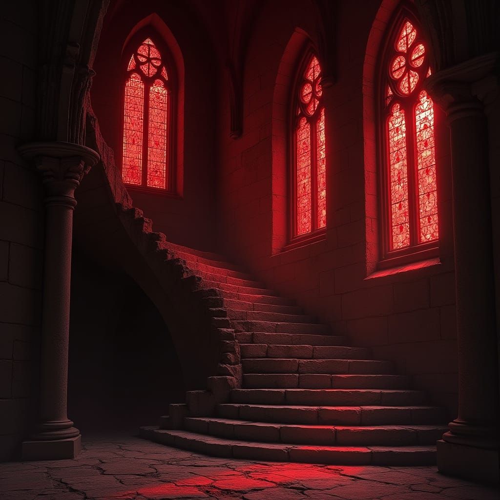 Dark Red Hues Fill the Gothic Church Interior