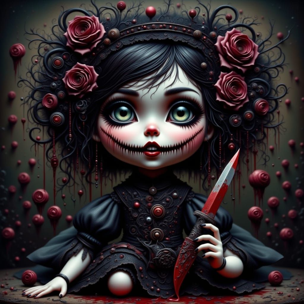 Creepy Goth Doll with Bloody Knife and Ooze