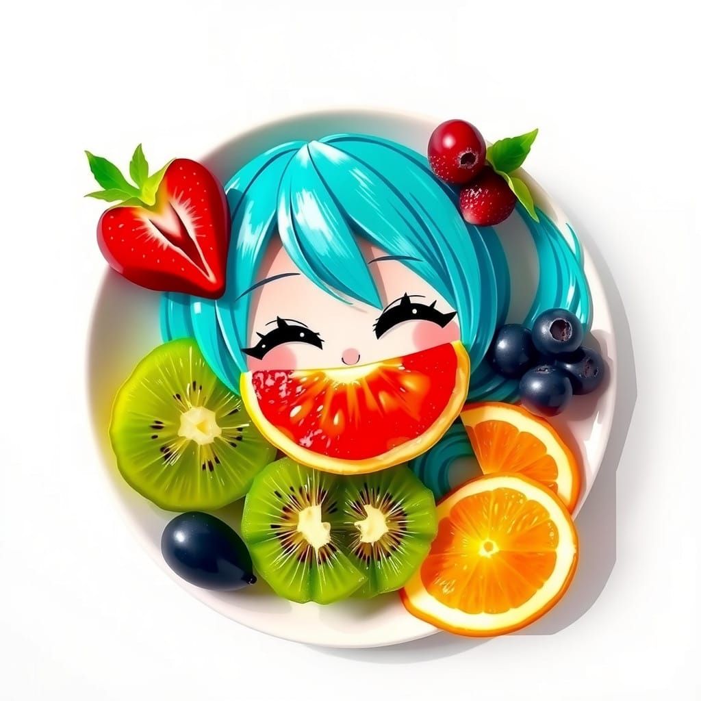 Vibrant Hatsune Miku Fruit Still Life in Playful Digital Art...