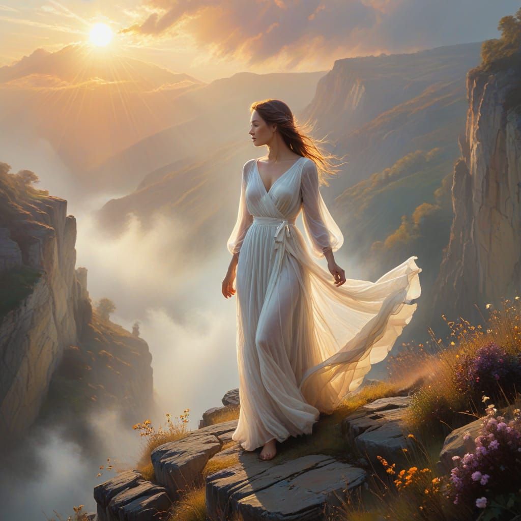 Woman in White Dress at Misty Cliff in Vibrant Oil Painting