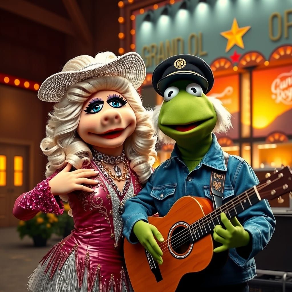 Miss Piggy as Dolly Parton and Kermit as Kenny Rogers in Whi...