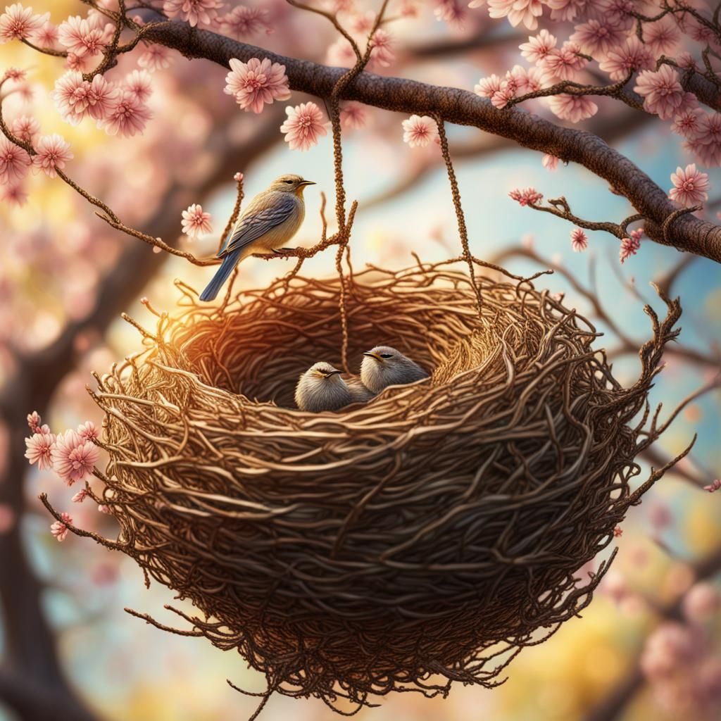 Hyperrealistic Birds Nest in Blossom Tree