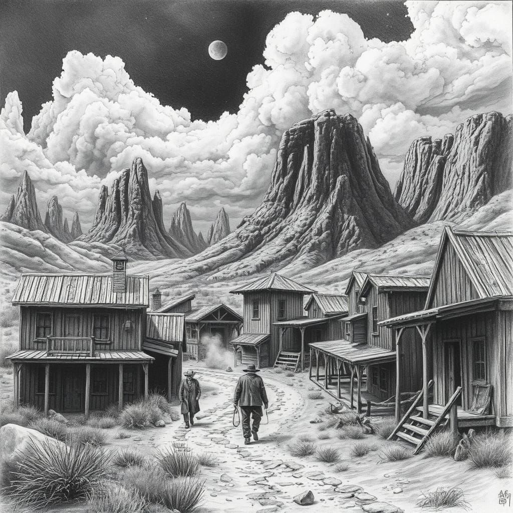Wild West Townscape in Hyperdetailed Charcoal