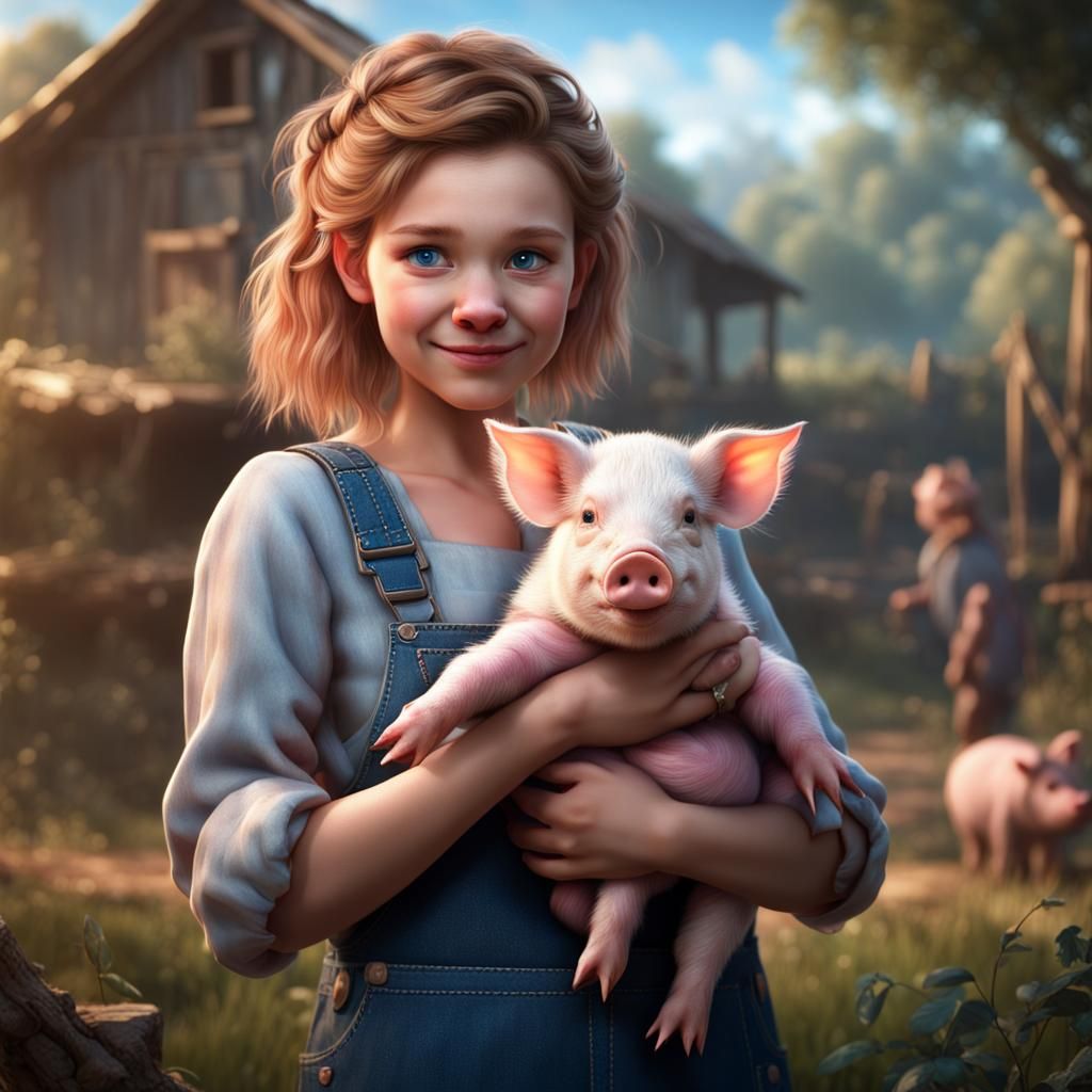 Girl Holds Piglet in Detailed Matte Painting