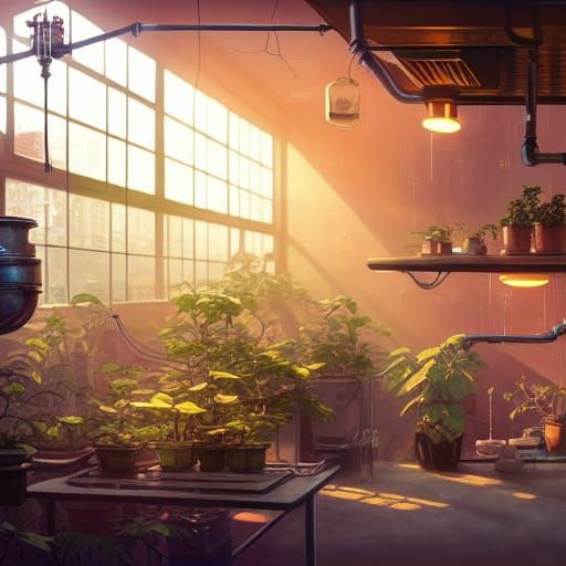 Solarpunk Alchemy Lab with Bonsai Plants