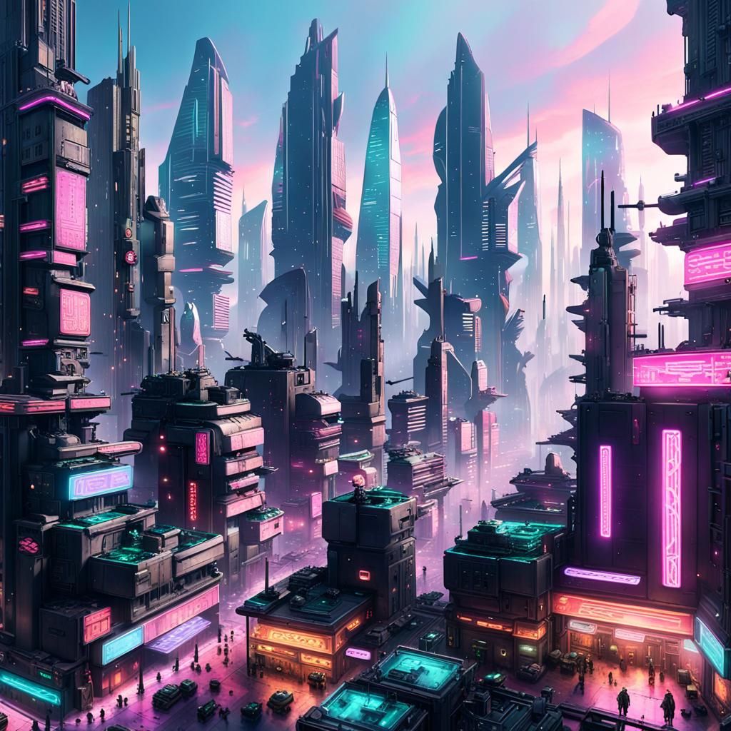 Cyberpunk Cityscape: A Sprawling Morning View