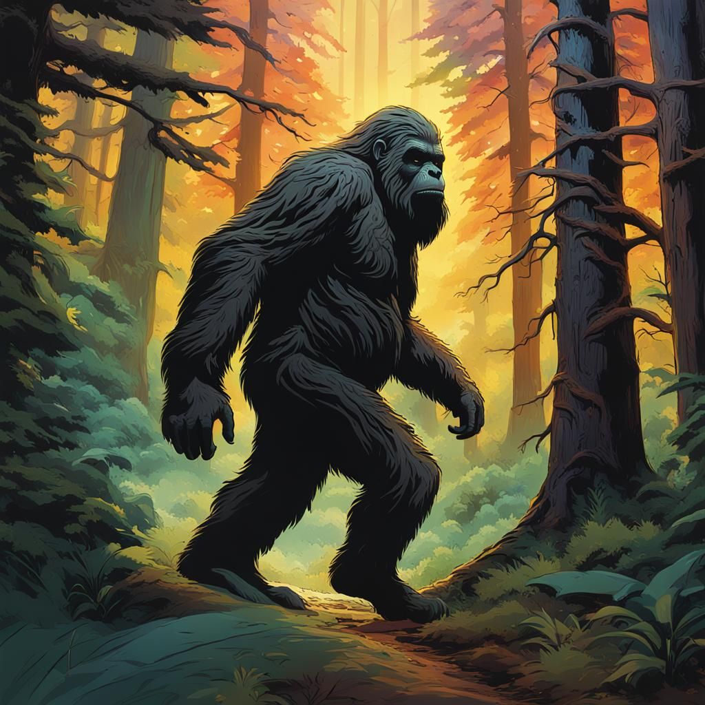 Hyperrealistic Sasquatch in Dense Forest: Splash Art