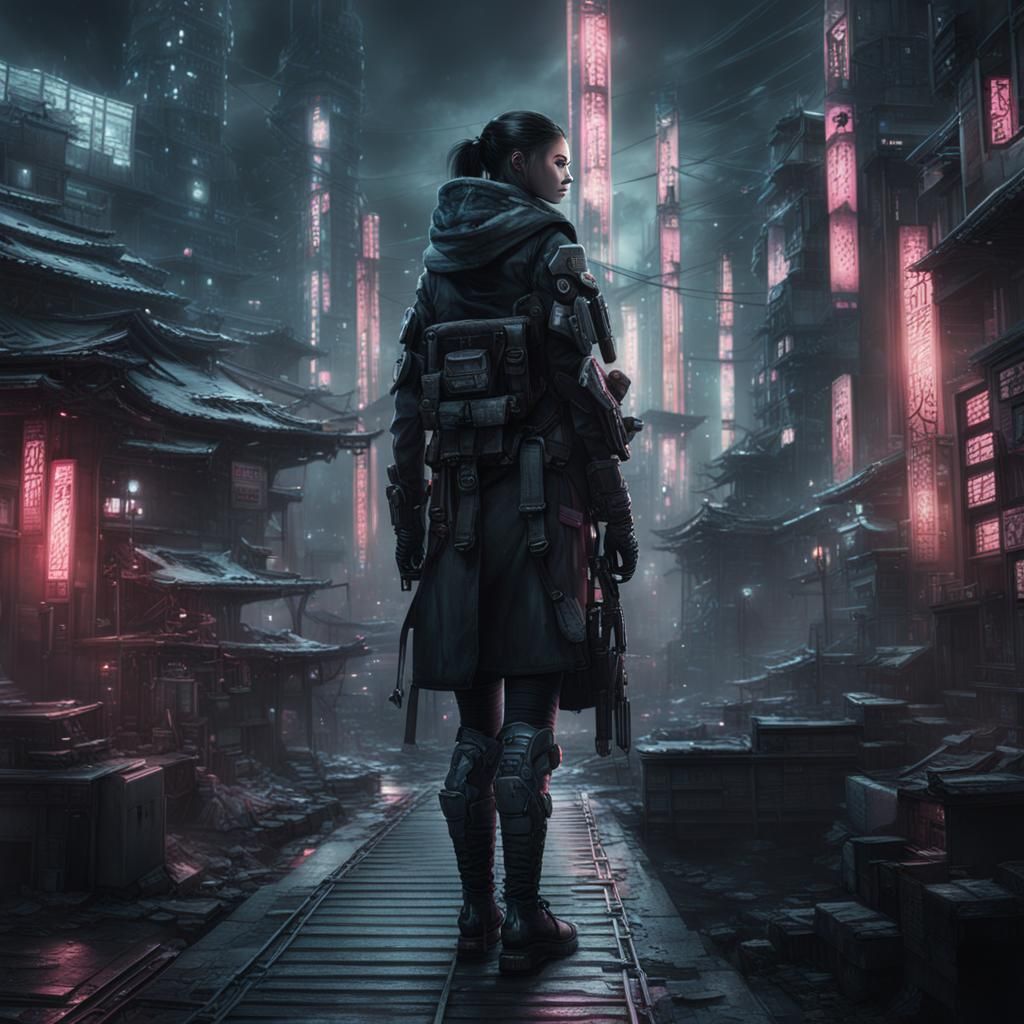 Cyberpunk Woman in Japanese Ink Style