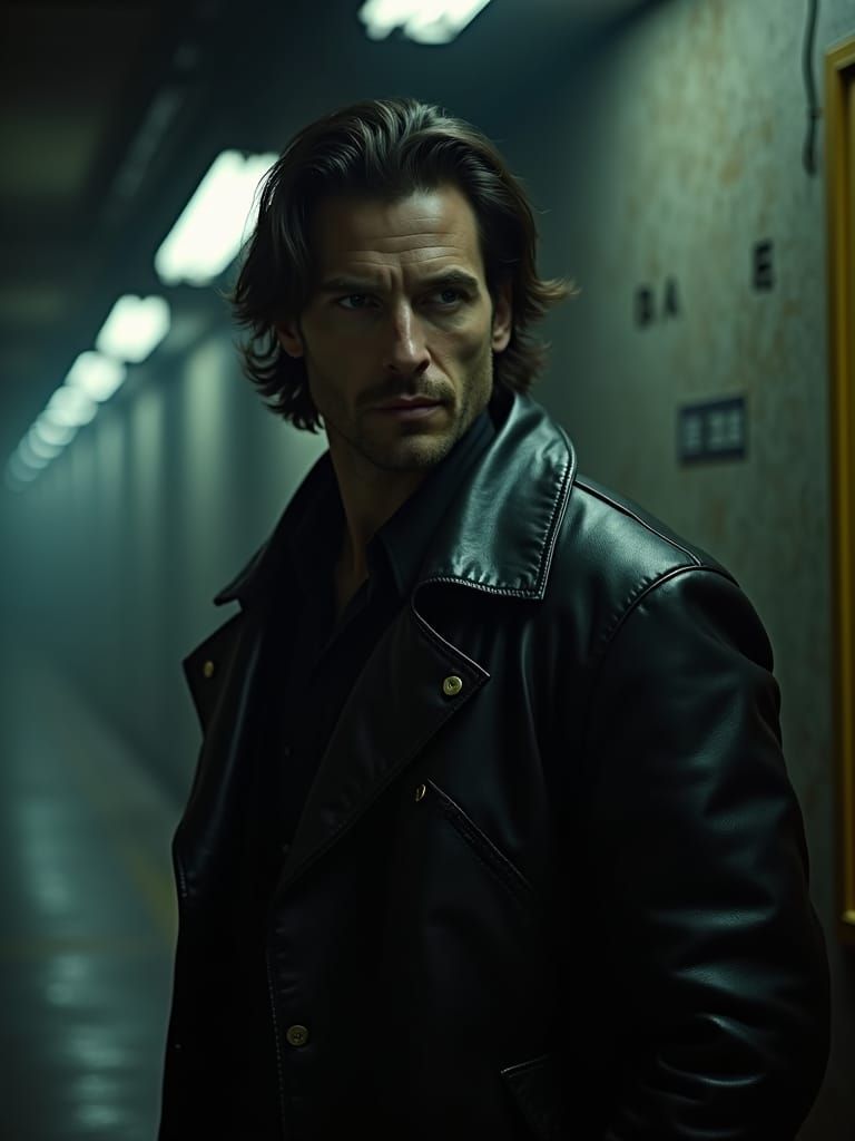 Cinematic Portrait of Man in Leather Coat
