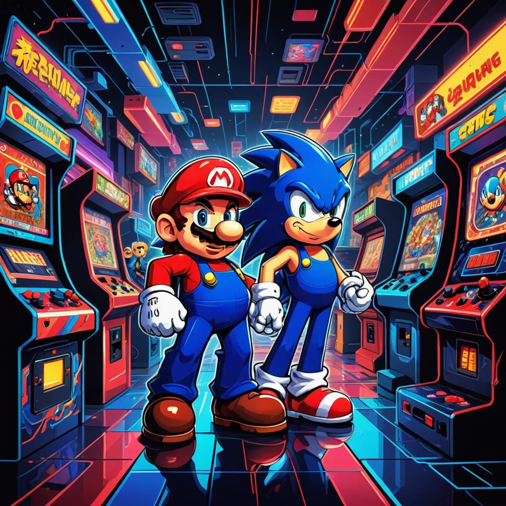 Mario and Sonic Clash in a Vibrant Retro Arcade Scene