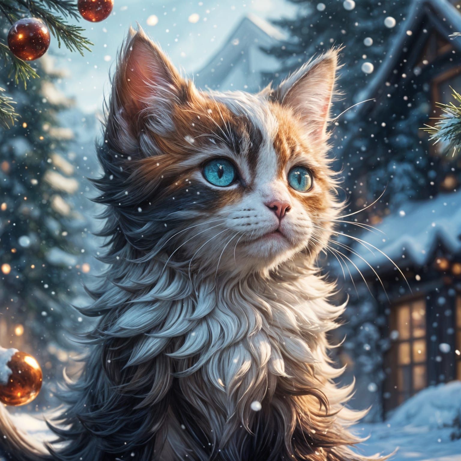Cute Kitten in Winter Wonderland Scene