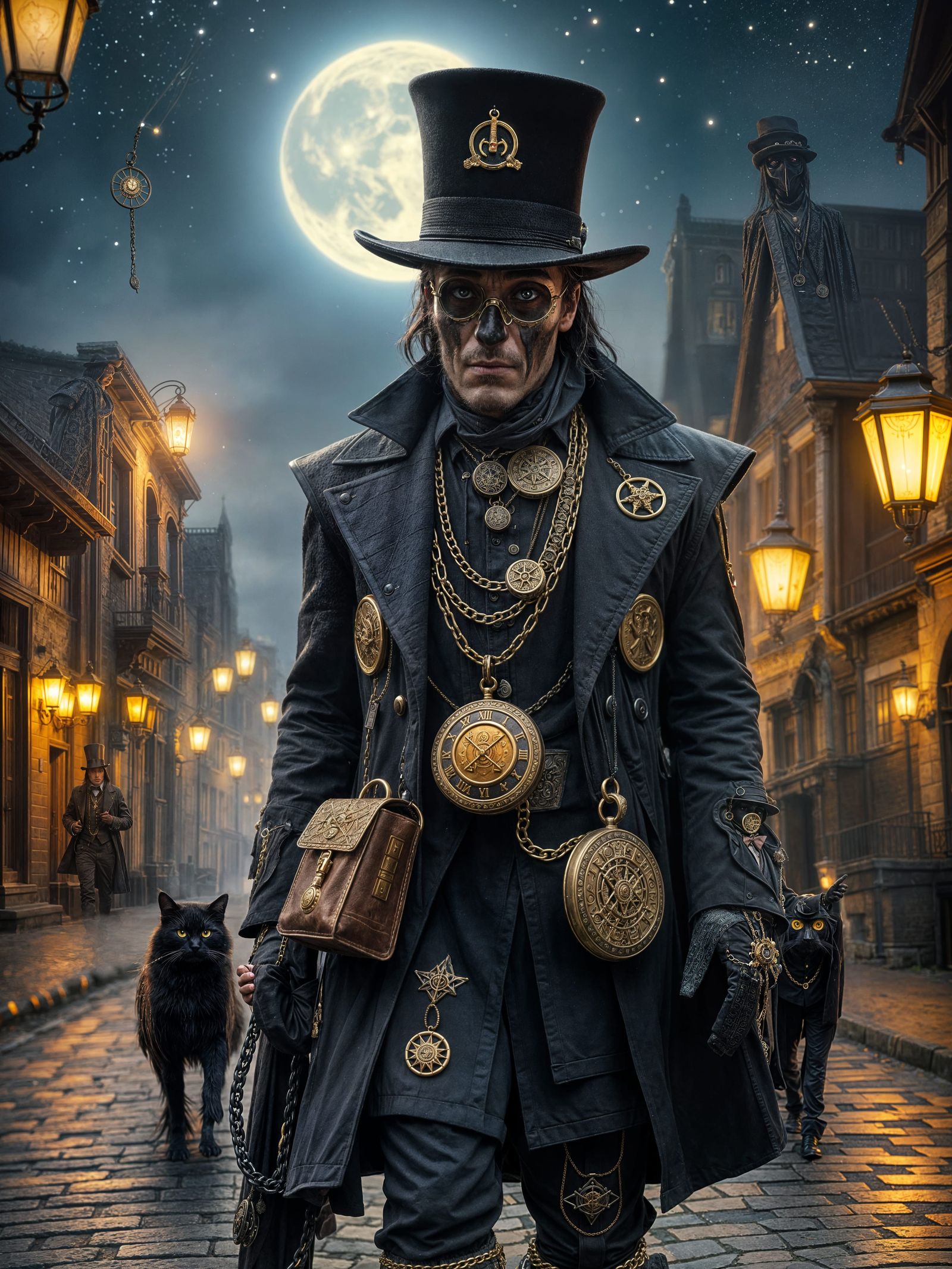 Steampunk Raven Man Plague Doctor on Moonlit Street